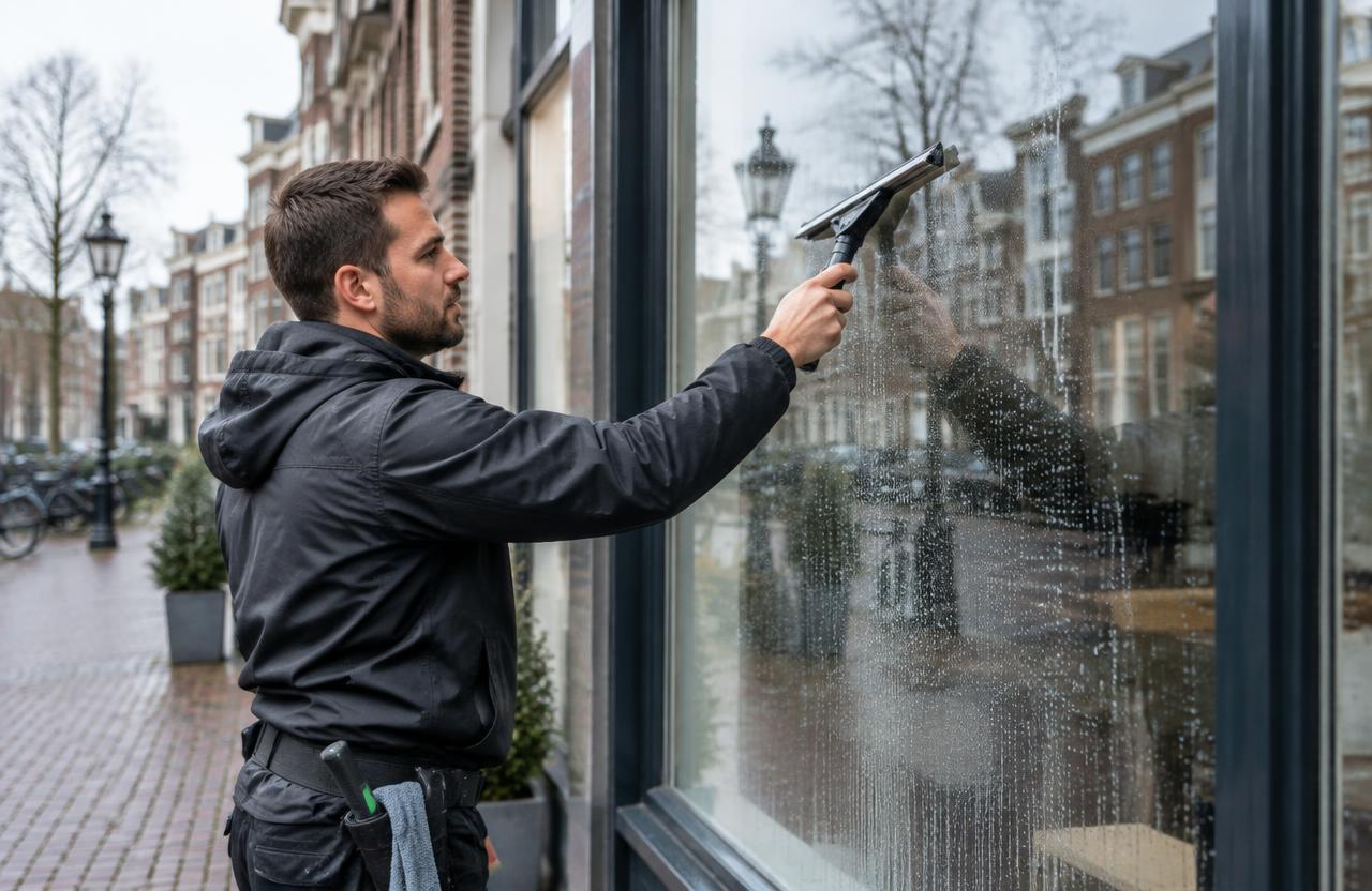 Glazenwasser trekt een winkelruit droog in een Nederlandse straat — sfeerbeeld